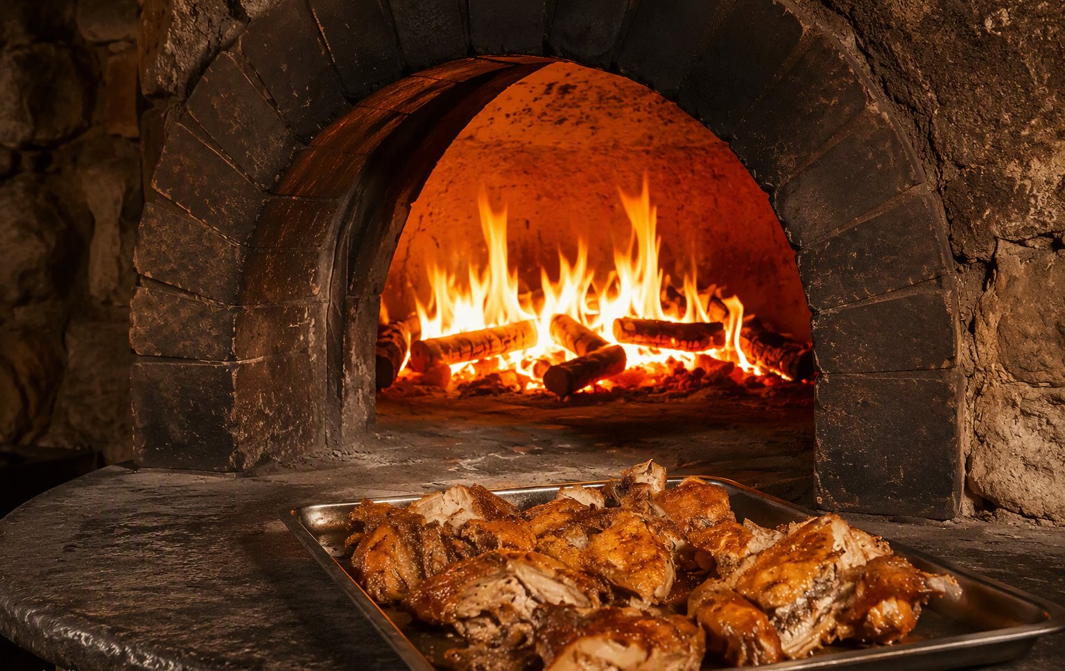 Il forno a legna acceso con la carne alla brace