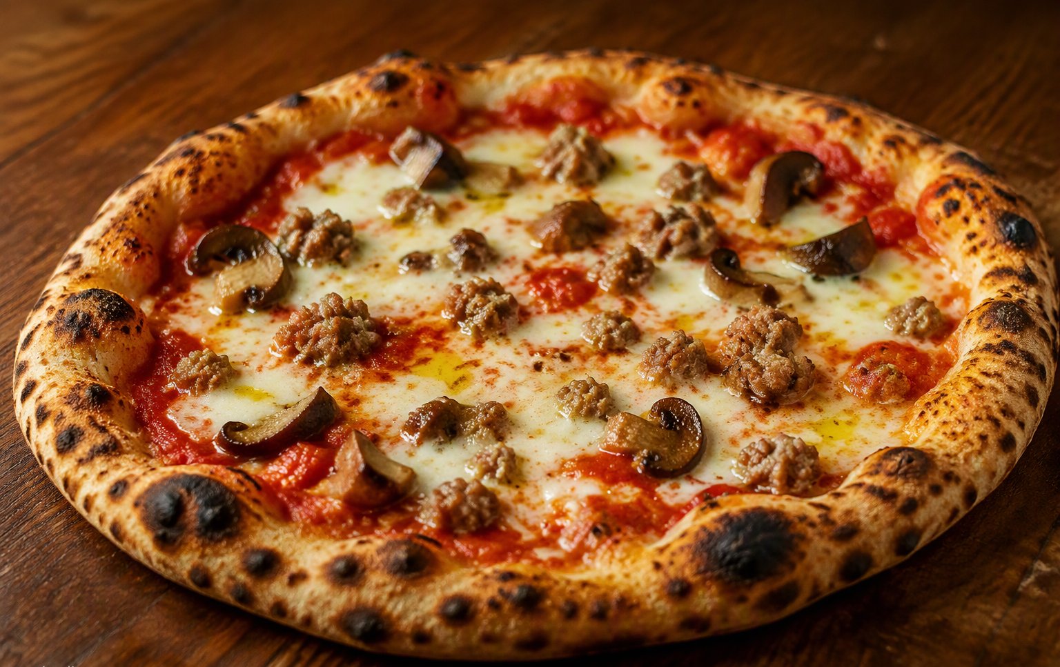 Pizza al forno a legna con mozzarella, funghi e salsiccia
